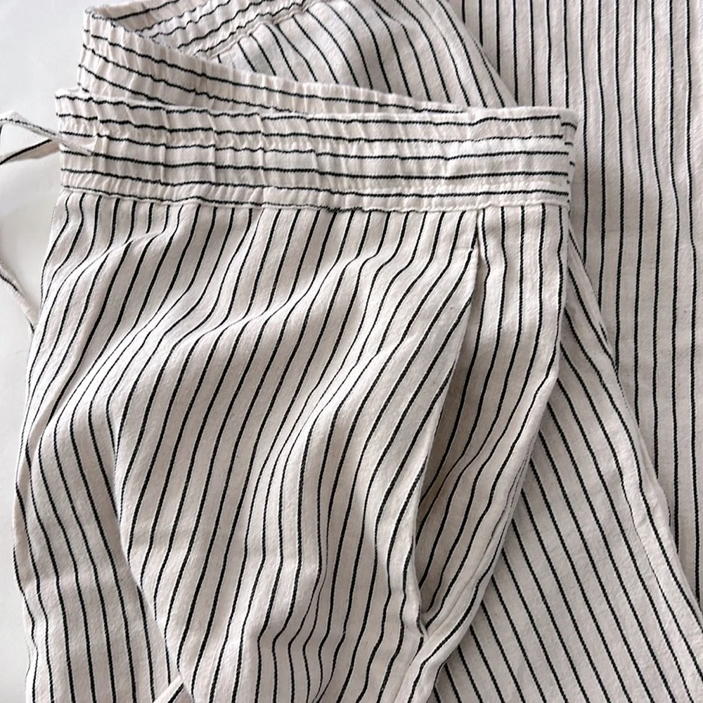 ZARA Drawstring Stripe Linen Cotton Wide Leg Pants Pockets Size L $79